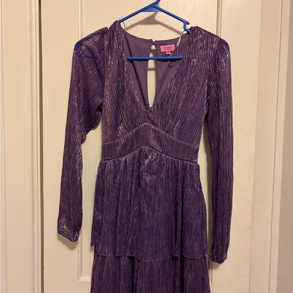 Pink Lily Purple Metallic Long-Sleeve Tiered V-Neck Dress